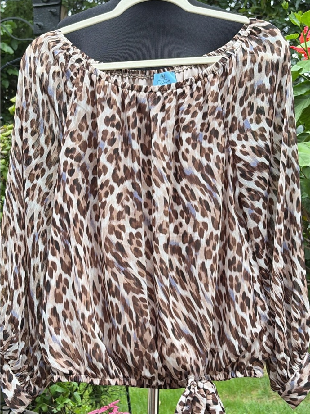 CeCe Brown and Cream Leopard-Print Peasant Blouse
